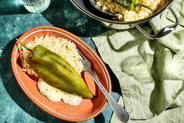 Chiles Rellenos over Fluffy White Rice