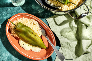 Chiles Rellenos over Fluffy White Rice