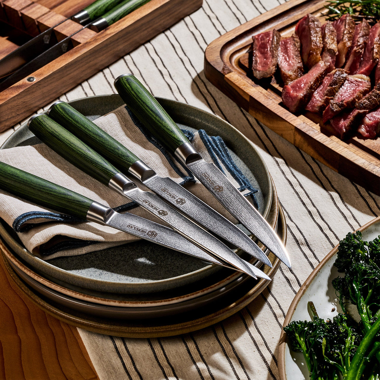 Ensemble de Couteaux à Steak en Acier de Damas, 8pcs (Vert)