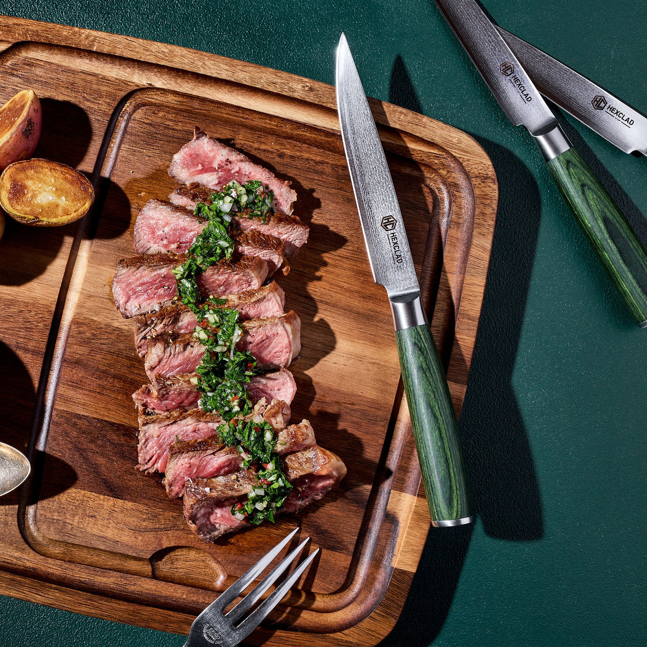 Ensemble de Couteaux à Steak en Acier de Damas, 8pcs (Vert)