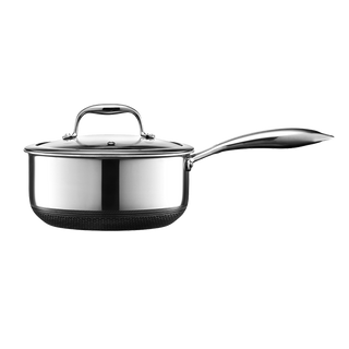 'Stainless steel saucepan with a lid and long handle.'