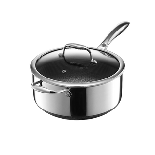 Stainless steel saucepan with a lid and a long handle.