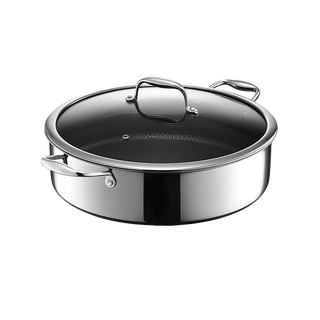 Stainless steel cooking pan with a glass lid and handles.