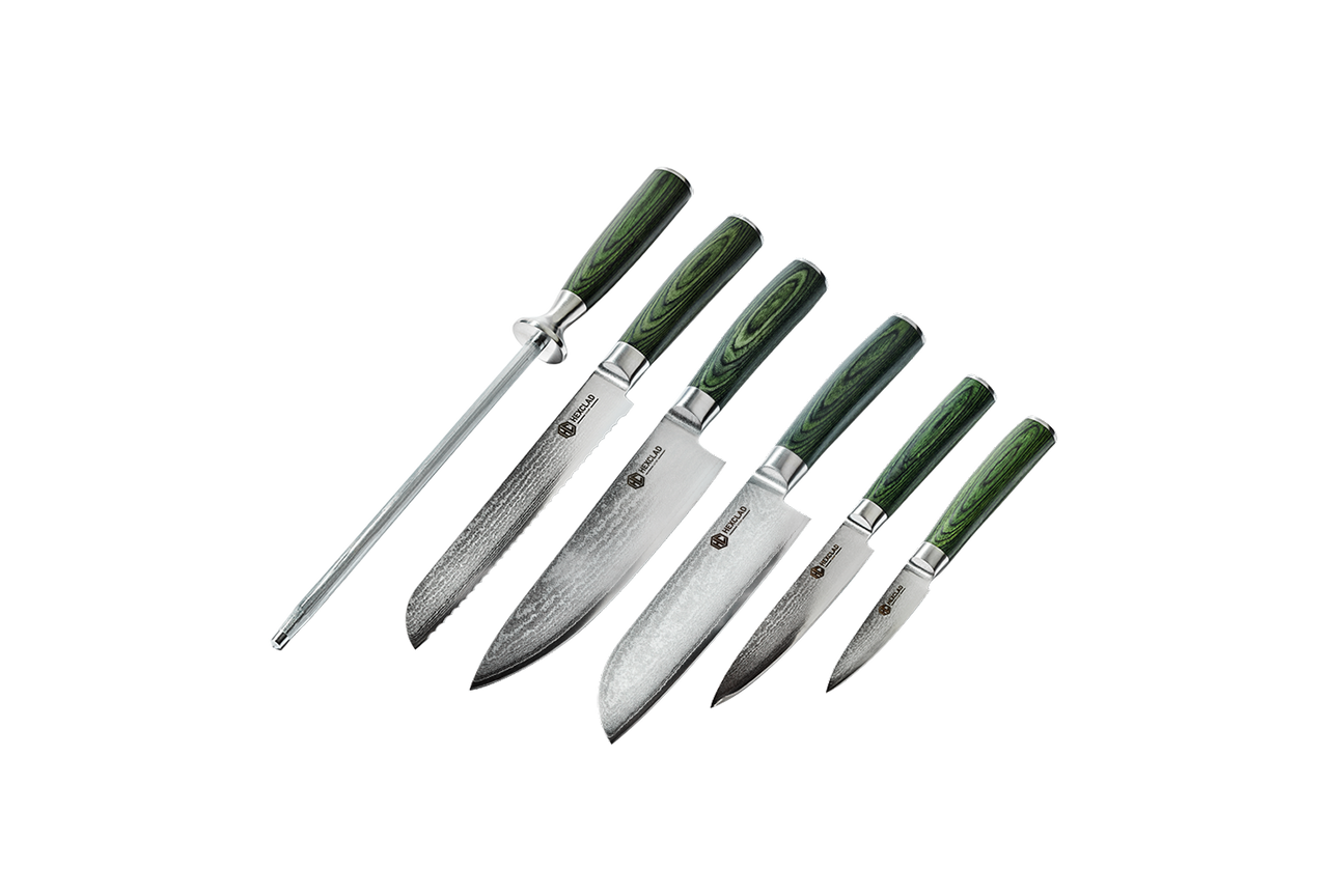 Ensemble essentiel de couteaux en acier de Damas, 6 pièces (Vert)