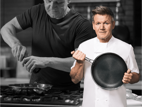 Chef holding a frying pan with a background image of him cooking.